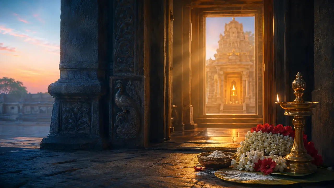 Daily Murugan darshan artwork with dawn light, temple doorway, lamp and flowers