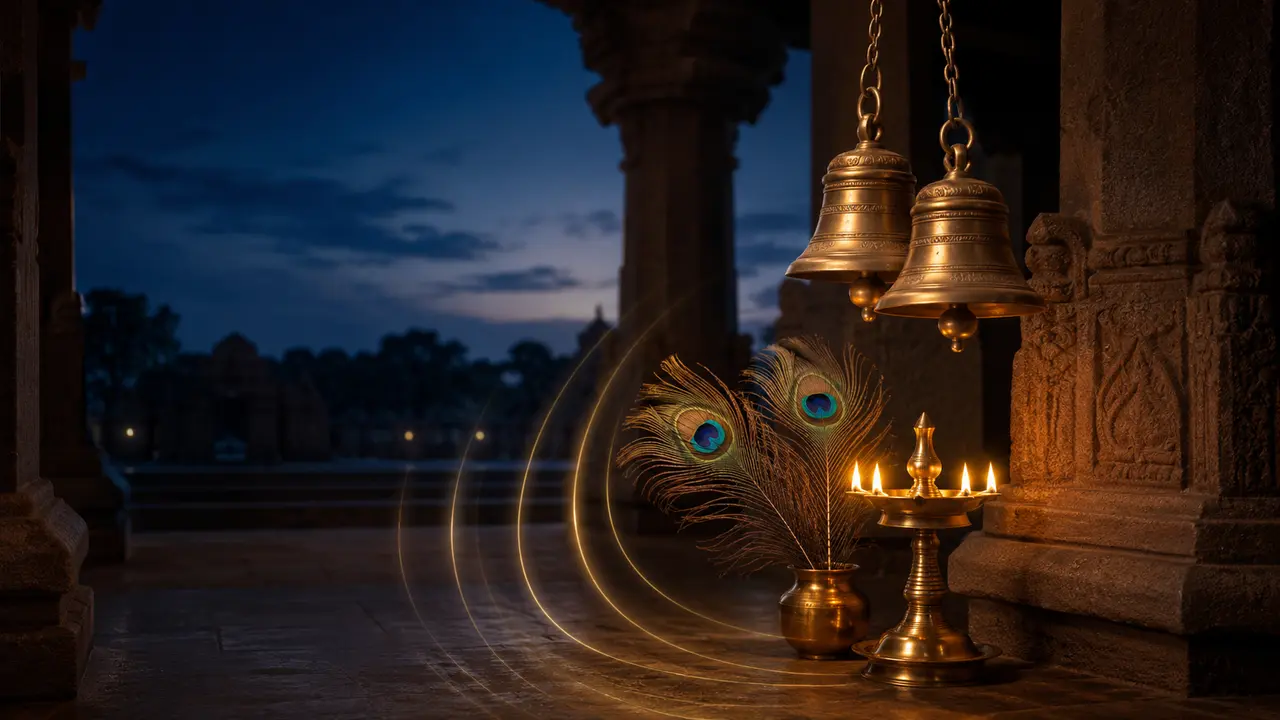 Devotional listening artwork with temple bells, lamp and peacock feathers at twilight
