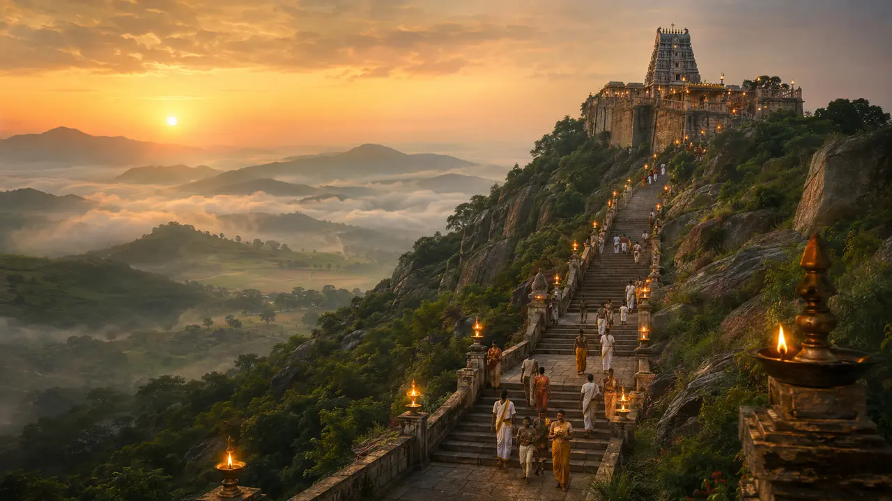Illustrative Palani hill pilgrimage steps leading toward a sacred temple at dawn