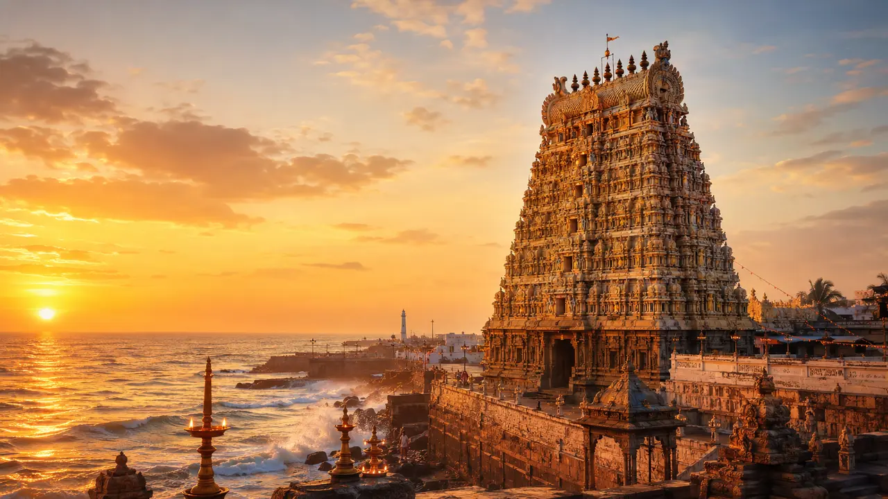 Illustrative Tiruchendur-inspired Murugan temple gopuram beside the sea at sunrise