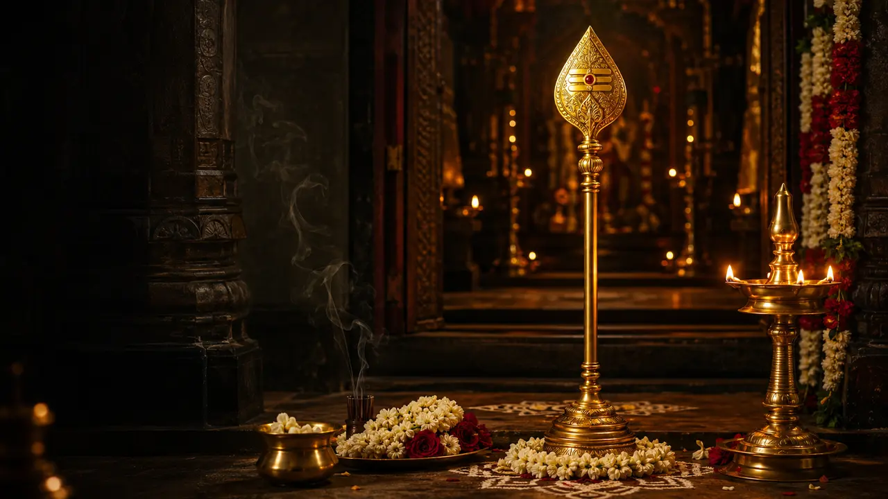 Devotional prayer shrine artwork with the sacred Vel, lamps and flower offerings