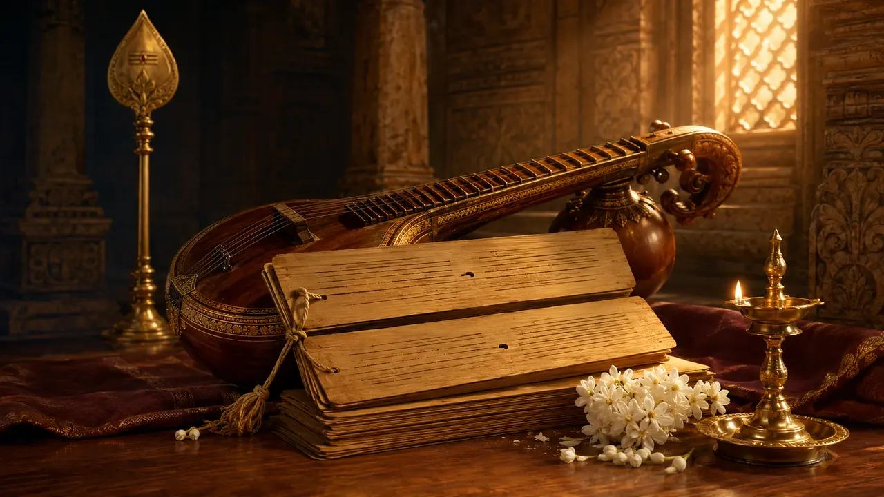Devotional song library artwork with palm-leaf manuscript, veena, lamp and Vel
