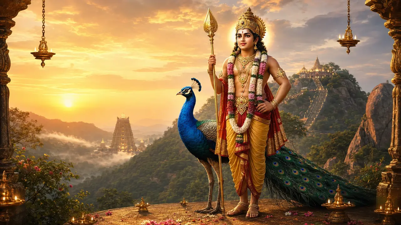 Devotional illustration of Lord Murugan with the Vel and peacock at dawn